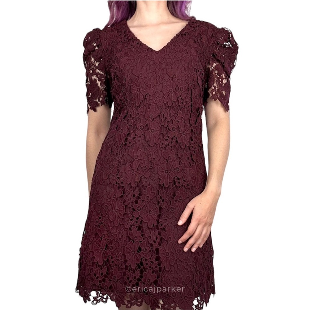 Anthropologie Donna Morgan NWT Edith Lace Tunic Mini Dress Burgundy Wine Size 8